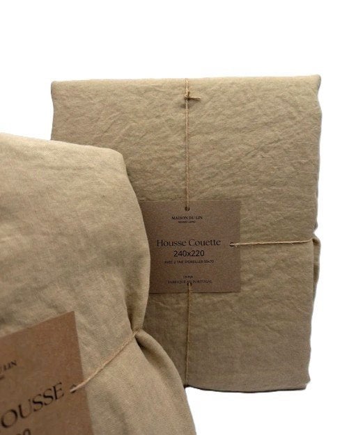 100% linnen SET dekbedovertrek 240x220 + Slopen + Hoeslaken, Ophalen of Verzenden, Goud, Vochtregulerend, Beddengoedset