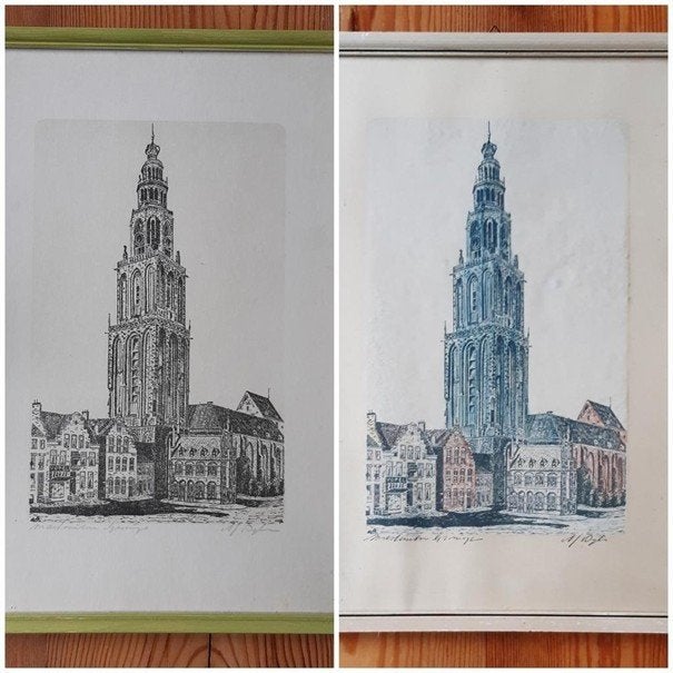 A.J. van Dijk, 2 prenten, Martinitoren Groningen, ingelijst, Ophalen of Verzenden