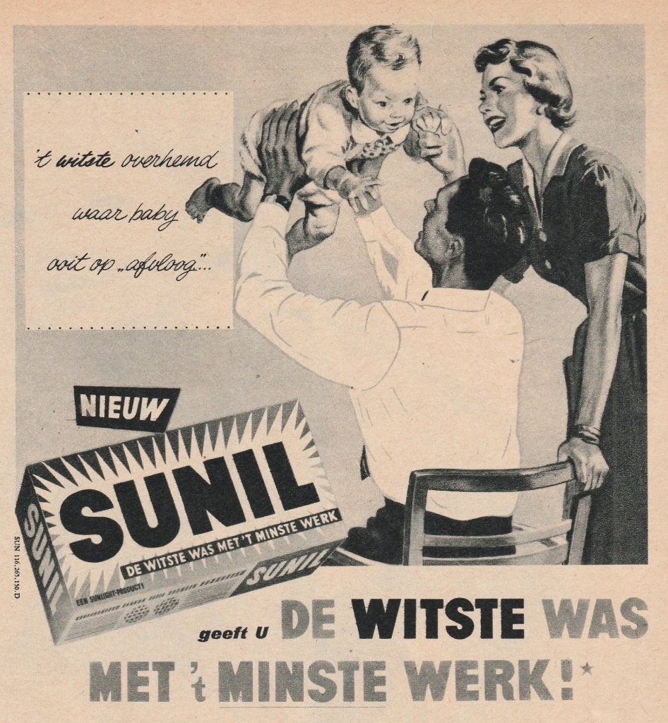 Retro reclame 1955 Sunil wasmiddel voor vaders met baby, Verzamelen, Verzenden, Overige typen
