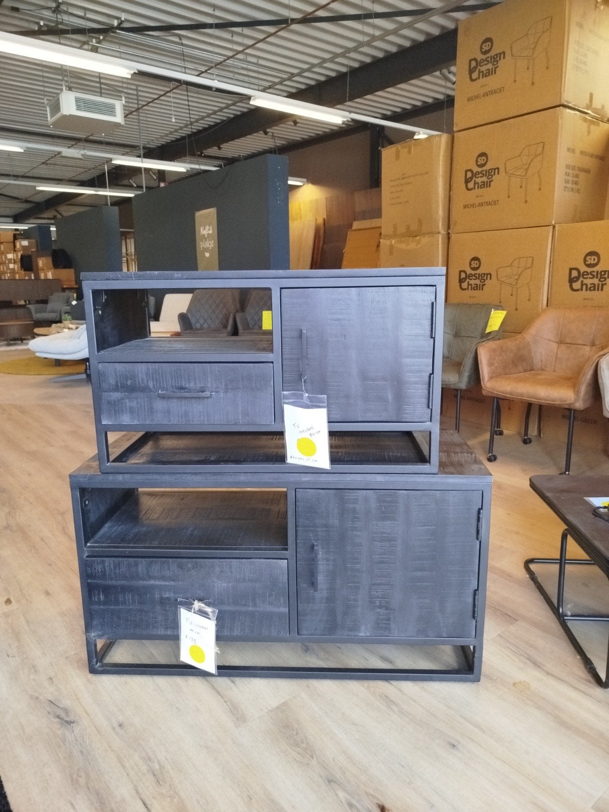 TV Meubel Mango Hout Zwart Staal Industrieel Design 80cm, 100 tot 150 cm, Zo goed als nieuw, Minder dan 100 cm, Industrieel