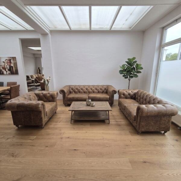 29142 Chesterfield Bankstel Vintage Bruin 2-2-1 Leder, Ophalen, Gebruikt, 75 tot 100 cm, Leer