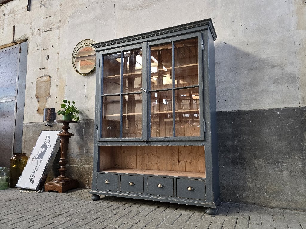 Vintage Houten Vitrinekast Blauw Grijs Grote Vitrine Kast 2, Huis en Inrichting, Gebruikt, Antiek Retro Vintage Brocante Landelijk
