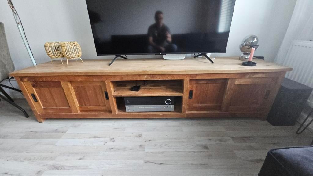 Houten tv-meubel met schuifdeuren, Ophalen, Teakhout, Zo goed als nieuw, Minder dan 100 cm