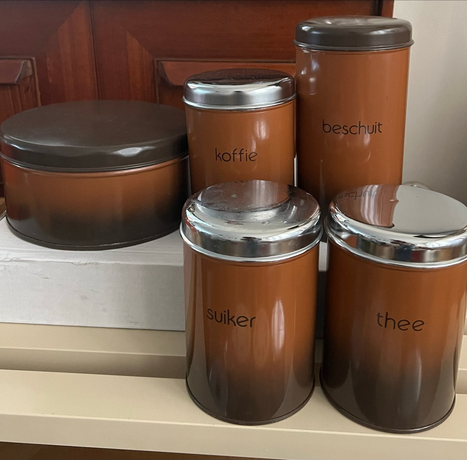 Vintage Brabantia voorraadbussen en trommel 'Shadow Brown', Ophalen of Verzenden