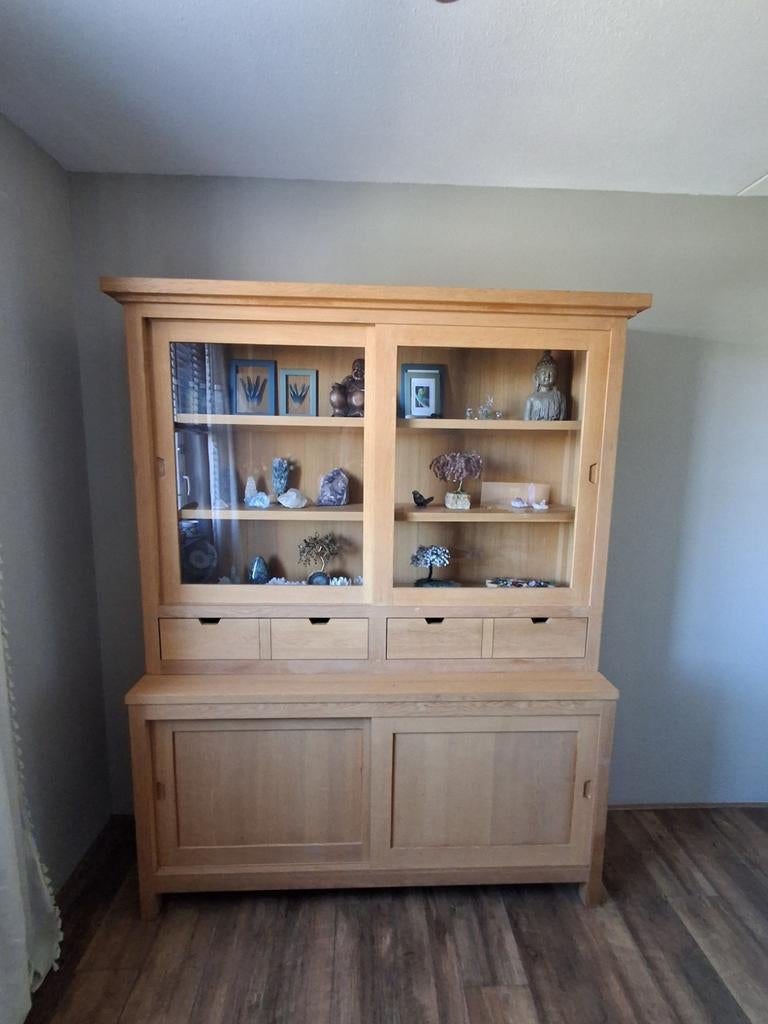 Eiken buffetkast met glazen schuifdeuren en lades, Ophalen, Glas, Zo goed als nieuw, Klassiek, Landelijk