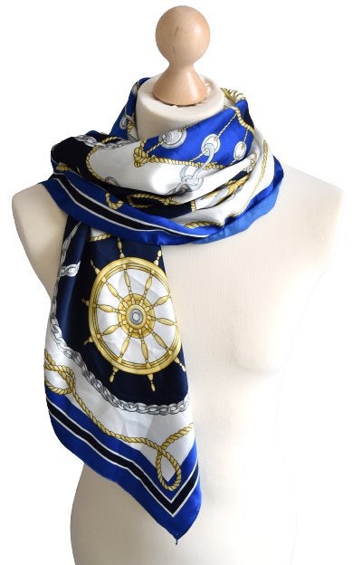 Vintage designer foulard, satijnen shawl, sjaal, blauw, Maat 46/48 (XL) of groter, Ophalen of Verzenden, Zo goed als nieuw, Sjaal