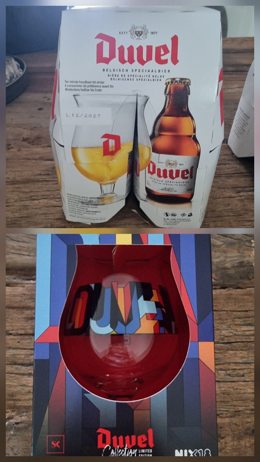 Duvel 4 pack met glas van Saïd Kinos 2026, Verzamelen, Ophalen, Nieuw, Glas of Glazen, Duvel