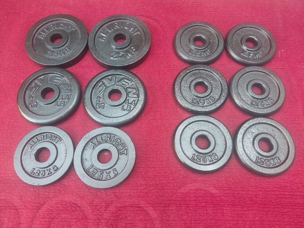 19 kg gietijzer schijven: 2x 2.5kg, 2x 2kg, 8x 1.25kg, Ophalen, Zo goed als nieuw, Halterschijven