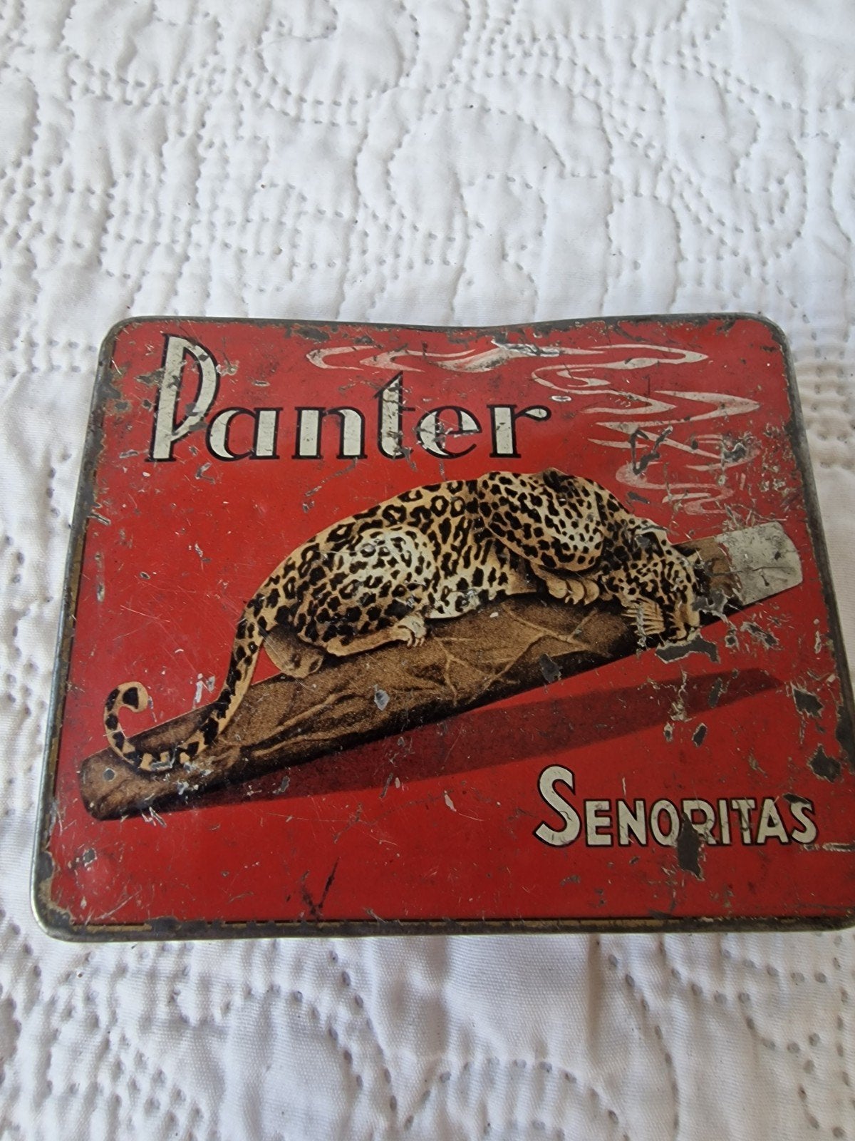 Vintage Panter Senoritas sigarenblik met panterprint, Ophalen of Verzenden