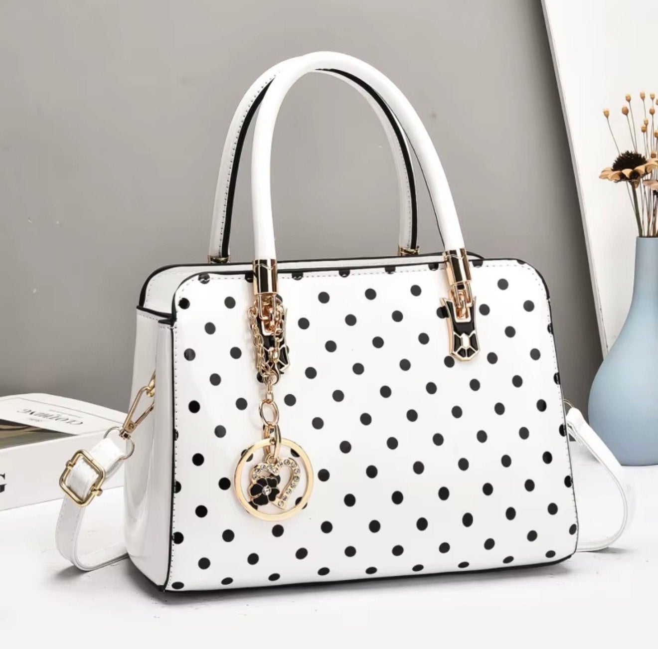 Stijlvolle handtas met polkadot print, Ophalen, Nieuw, Wit, Handtas