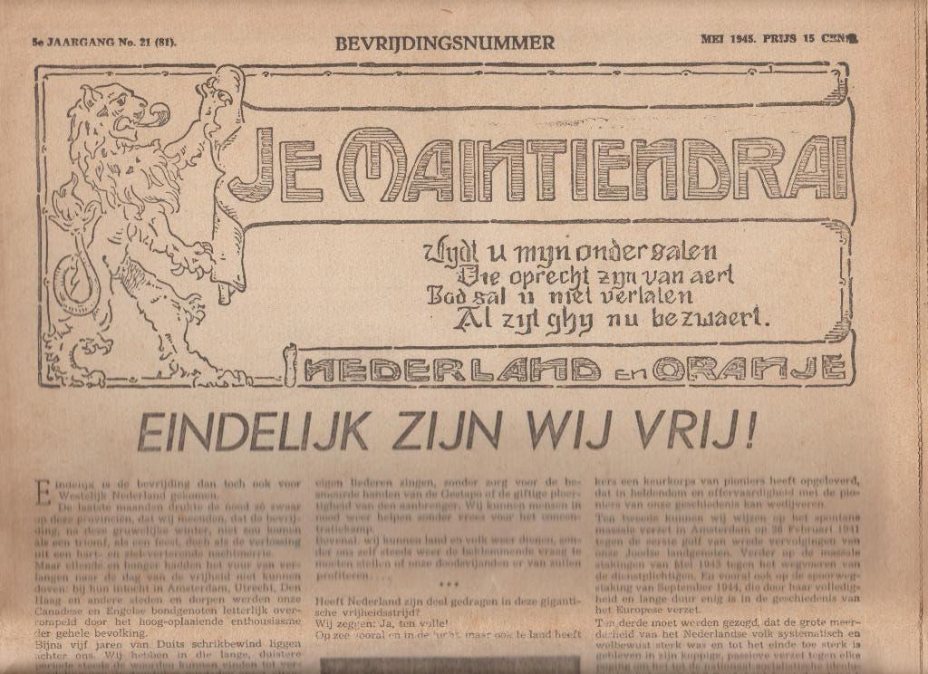 bezet verzet bevrijdingsnummer je maintiendrai  mei 1945, Verzamelen, Ophalen of Verzenden, 1940 tot 1960, Krant