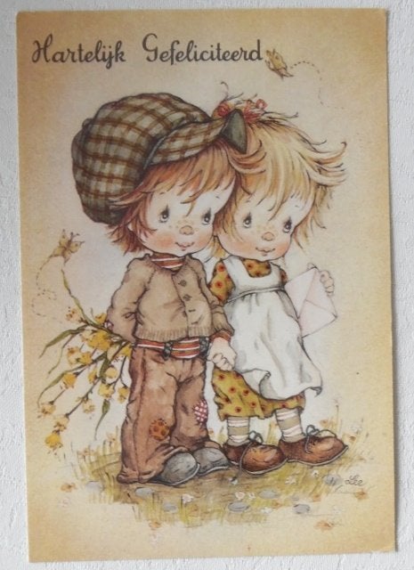 Felicitatiekaart met jongetje en meisje, Ophalen of Verzenden, 1980 tot heden, Gelopen, Feest(dag)