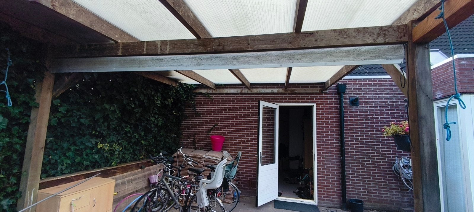 Elektrisch zonnescherm met Somfy motor, Ophalen, Gebruikt, Elektrisch, 250 cm tot 450 cm