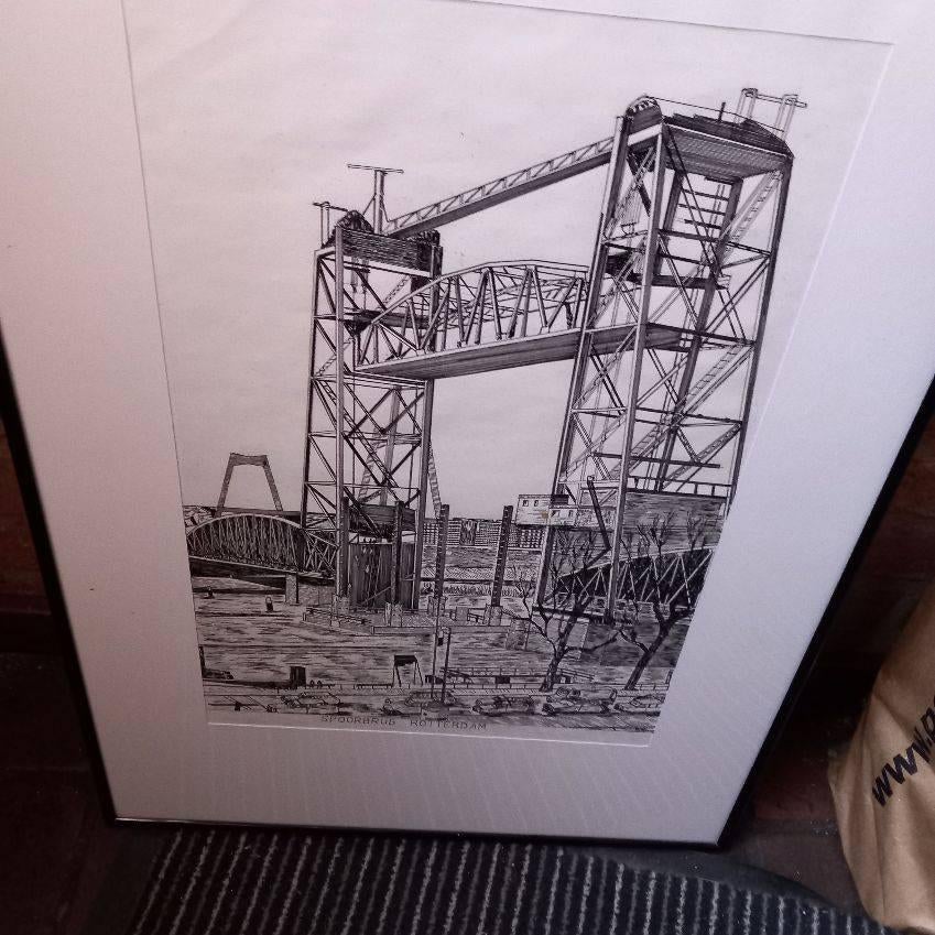 ROTTERDAM, PENTEKENING, SPOORBRUG, Ophalen of Verzenden, 50 tot 75 cm, Schilderij