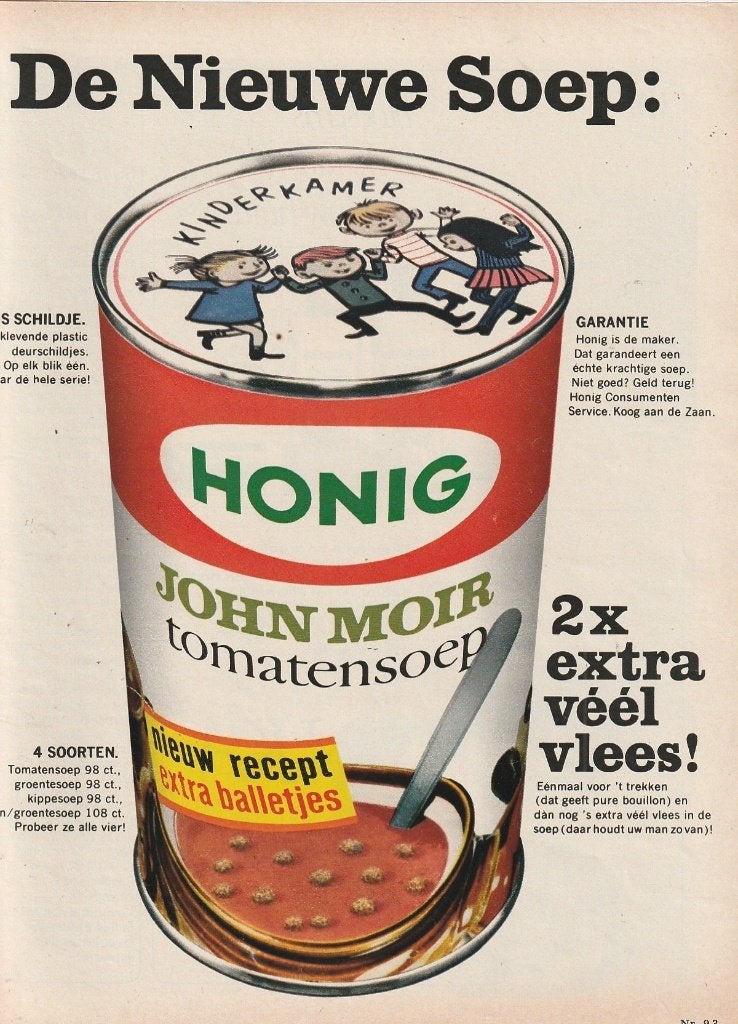 Retro reclame 1968 John Moir tomatensoep deurschildje actie, Verzenden, Overige typen