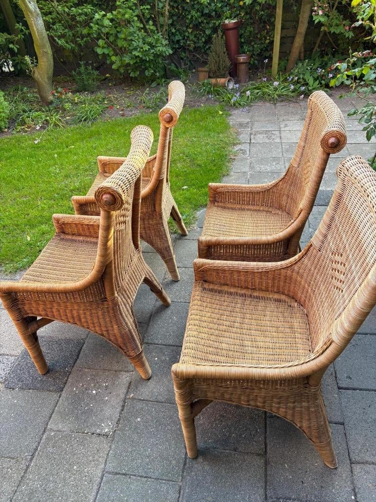 4 rotan stoelen, Huis en Inrichting, Stoelen, Ophalen, Gebruikt, Bruin, Riet of Rotan