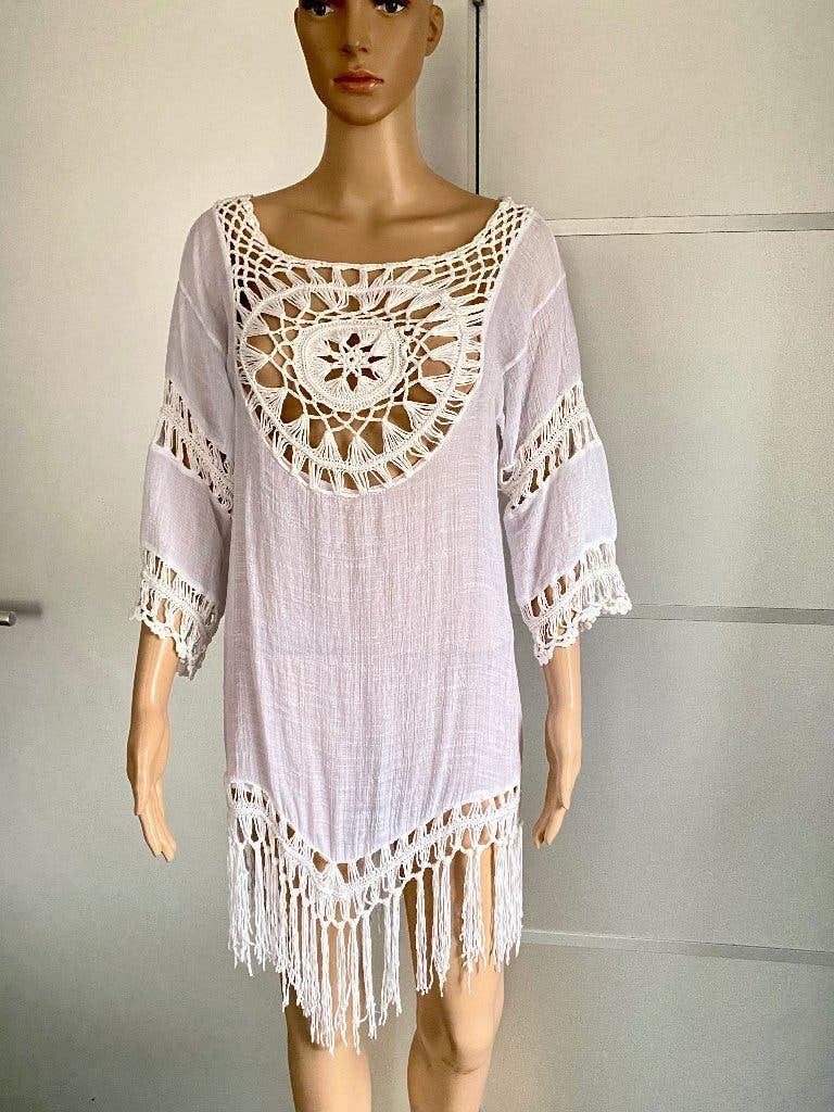 K246 Ibiza blouse maat 40/42=M/L tuniek wit, Ophalen of Verzenden, Zo goed als nieuw, Maat 38/40 (M), Wit
