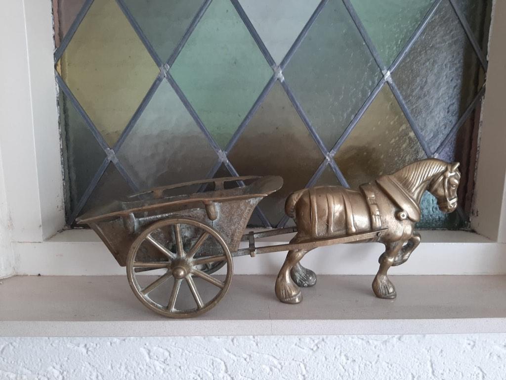 Antieke messing of brons paard en wagen, Ophalen of Verzenden