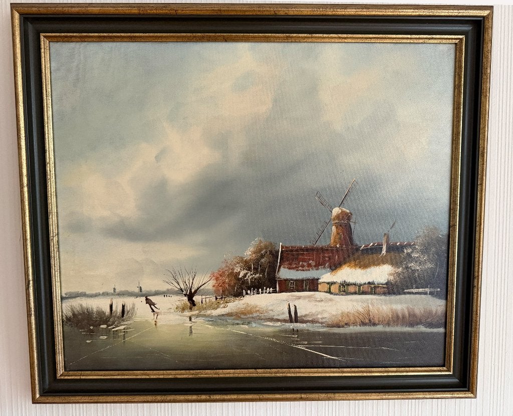 Olieverfschilderij »Hollands winterlandschap«, Ophalen, Nederlandse school, Doek, Gesigneerd