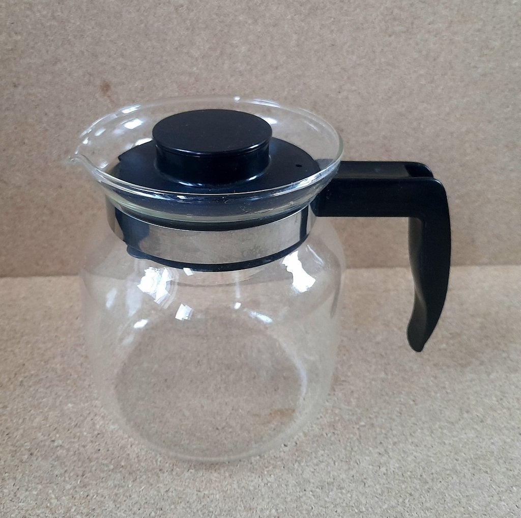 Glazen koffiepot koffiekan met zwart handvat en deksel, Ophalen of Verzenden, Zo goed als nieuw, Zwart, Glas
