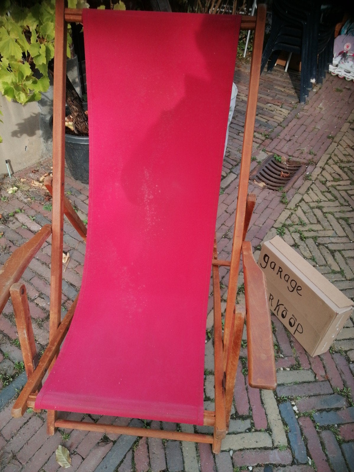 Oude houten strandstoel, stof kan vervangen worden, Ophalen of Verzenden, Gebruikt, Hout, Inklapbaar