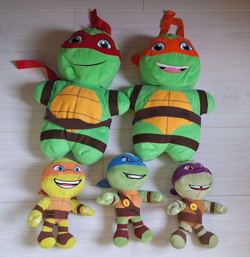 2 Turtle rugzakjes + 3 knuffels, Ophalen of Verzenden, Gebruikt, Overige typen, Rugzakfunctie