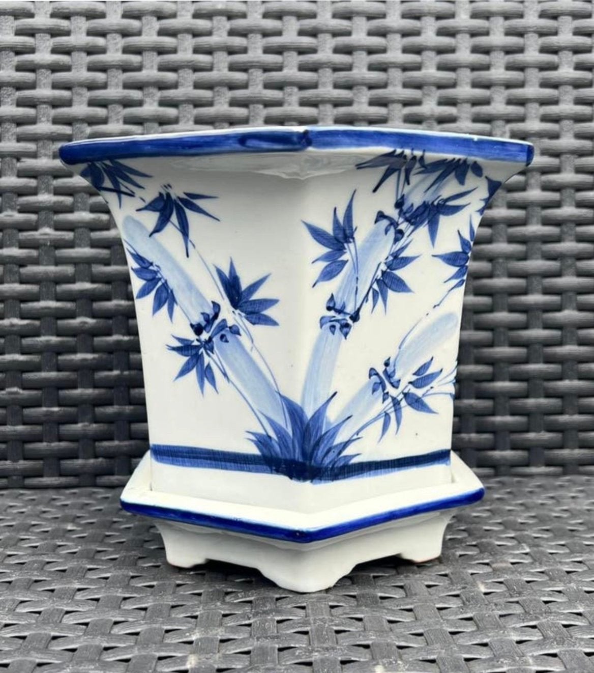 Bonsai pot + onderzetter blauw gedecoreerd porselein 18,5x16, Tuin en Terras, Bloempotten, Zo goed als nieuw, Overige materialen