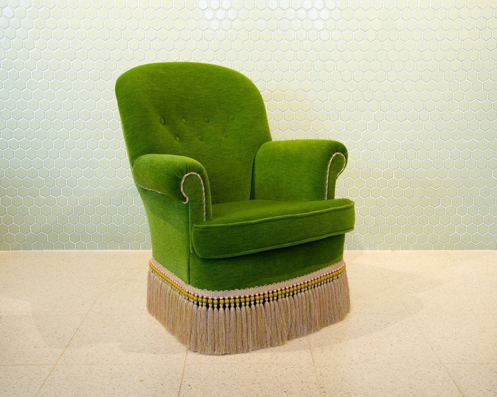 Vintage Groene Fauteuil met Franjes, Huis en Inrichting, Fauteuils, Ophalen, Nieuw, 75 tot 100 cm, Stof