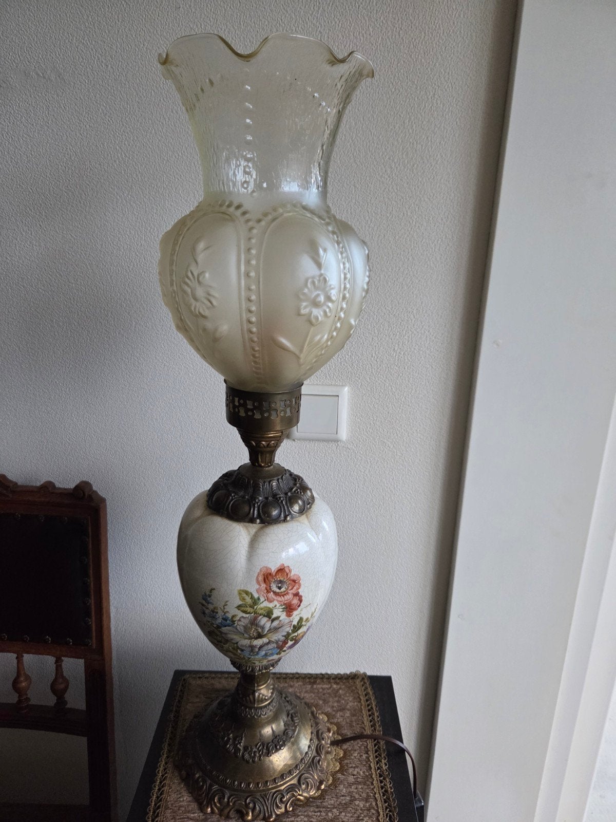 Petroleum-stijl Tafellamp - Glas & Keramiek met Bloemen, Huis en Inrichting, Ophalen, Gebruikt, Overige merken, Olielamp
