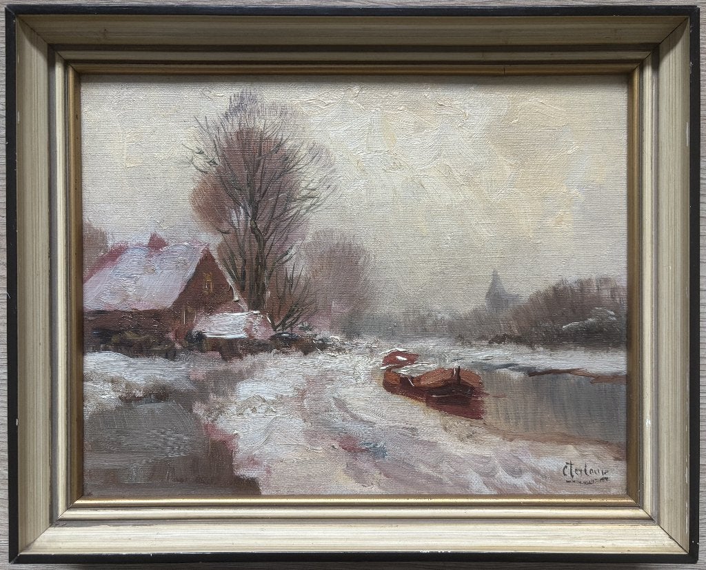Kees Terlouw (1890-1948) - Winterlandschap met bootje, Antiek en Kunst, Kunst | Schilderijen | Klassiek, Paneel, Ophalen of Verzenden
