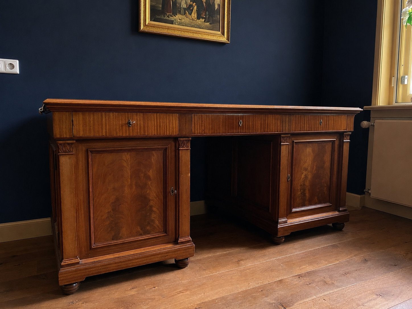 Antiek Mahonie Partner Bureau met Rode Leren Inleg, Ophalen
