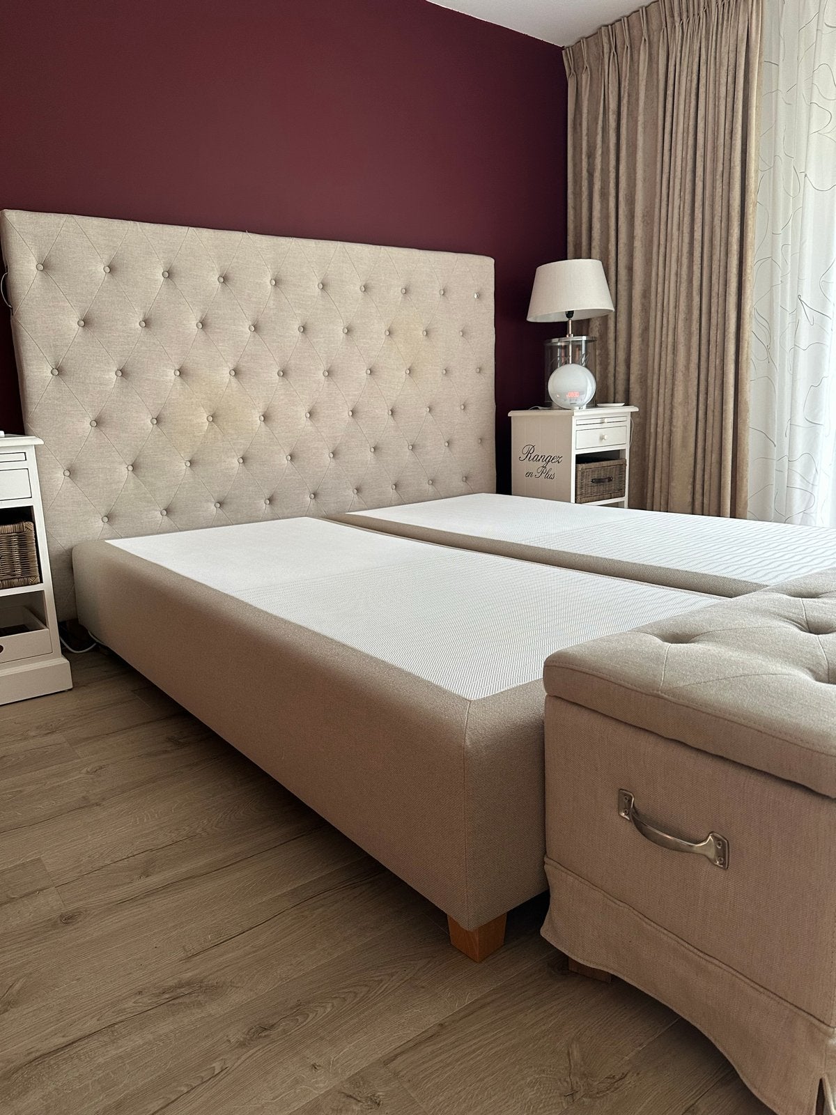 Riviera Maison Boxspring 180x200 met hoofdbord, Huis en Inrichting, Gebruikt, Beige, Tweepersoons, Ophalen of Verzenden