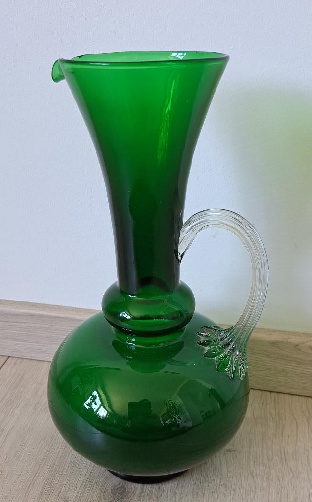Jaren 60 vaas groen glas vintage retro, Gebruikt, Ophalen of Verzenden, Glas, Minder dan 50 cm