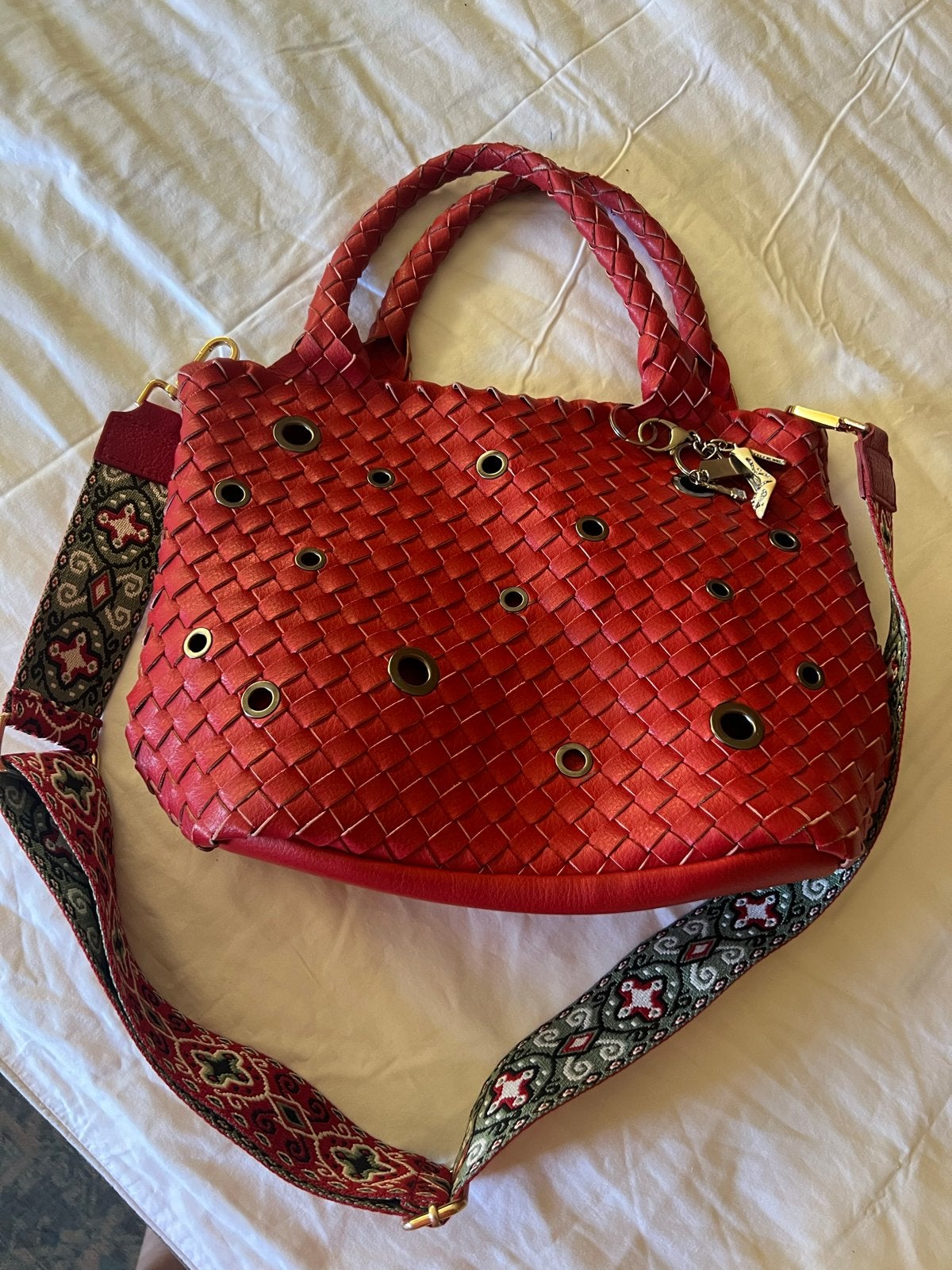 Gevlochten Rode Leren Dames Handtas met Brede Schouderband, Ophalen of Verzenden, Gebruikt, Rood, Handtas