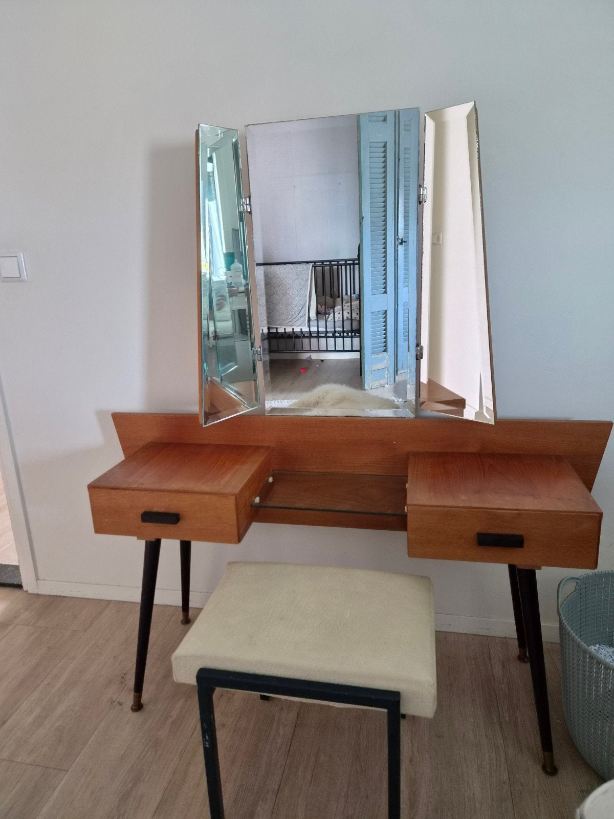Vintage Mid-Century Modern kaptafel jaren 60 met spiegel, Ophalen, Gebruikt, 100 tot 150 cm, 100 tot 150 cm