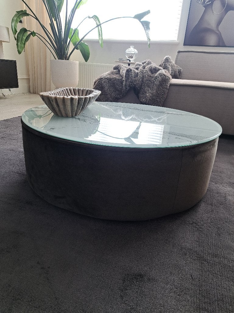 Woood poef Sara met glazen blad, Ophalen, Gebruikt, Rond, 75 tot 100 cm