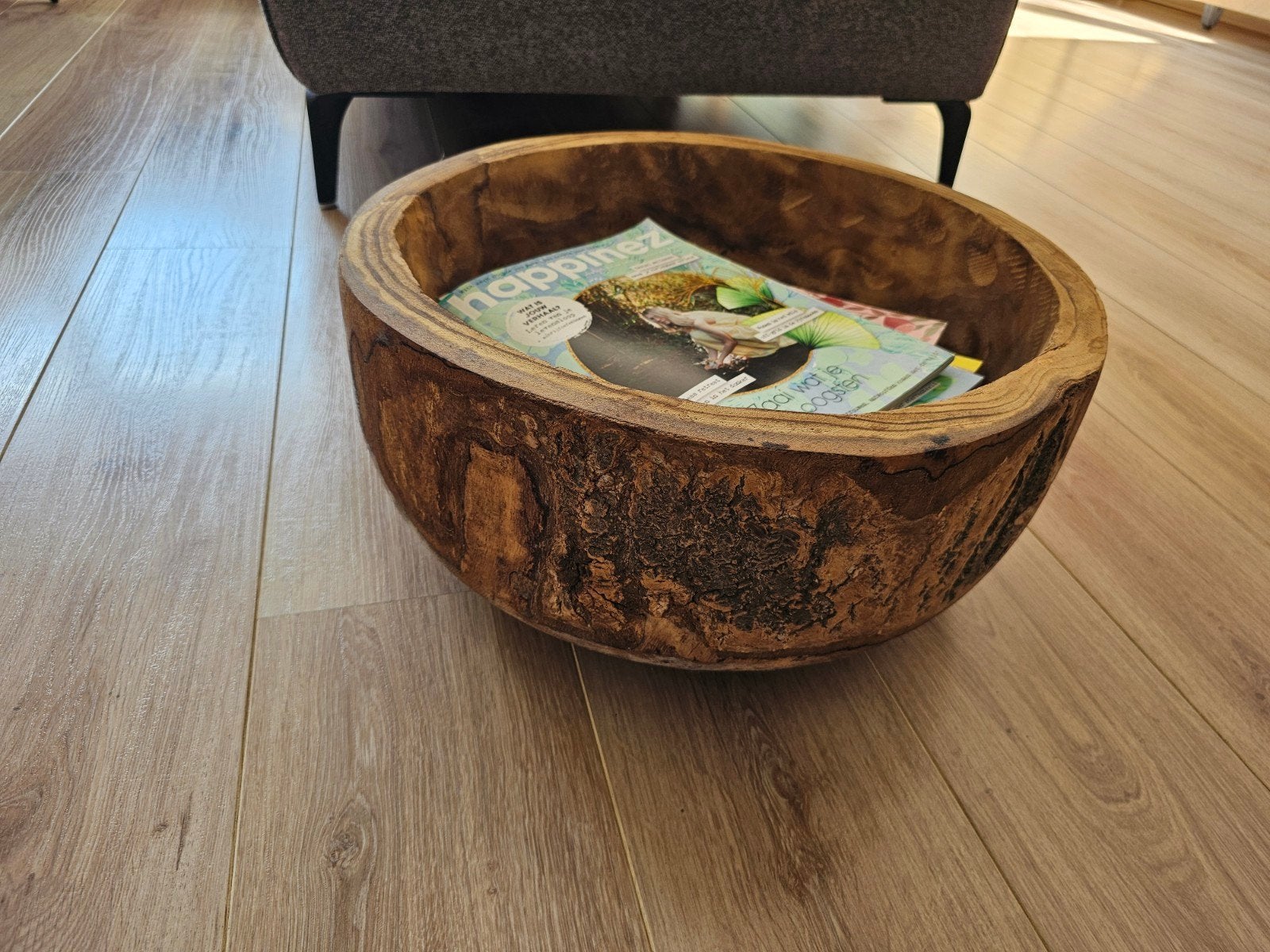 Grote houten schaal bak lectuurbak boomstam, Gebruikt, Schaal, Rond, Ophalen of Verzenden