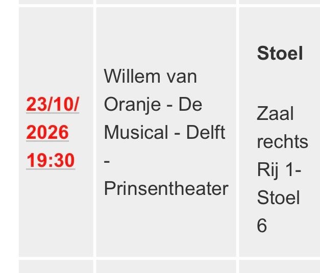 1x musical willem van oranje rang 1, rij1 stoel 6, Tickets en Kaartjes, Eén persoon
