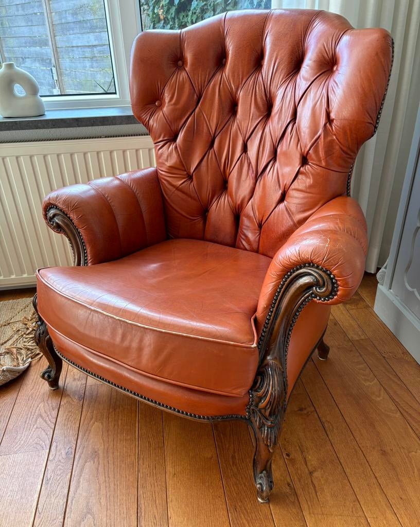 Chesterfield stoel, Huis en Inrichting, Fauteuils, Ophalen, Zo goed als nieuw, Leer, 75 tot 100 cm