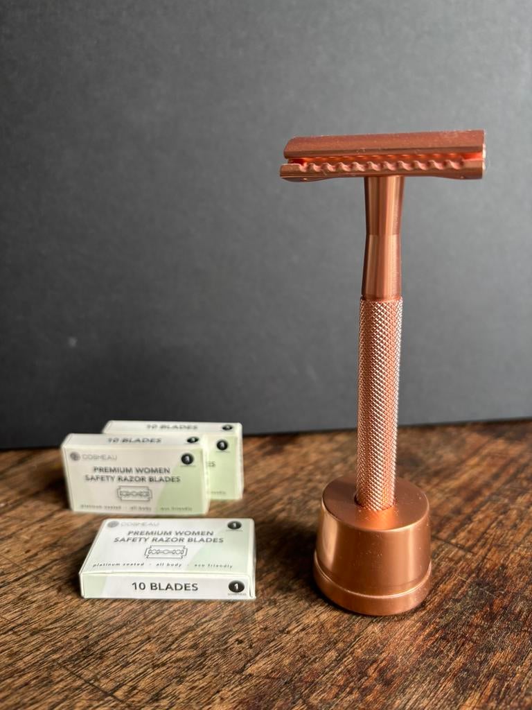 Bamboozy Safety razor rose goud mat RVS en 30 mesjes, Ophalen of Verzenden, Zo goed als nieuw, Overige typen