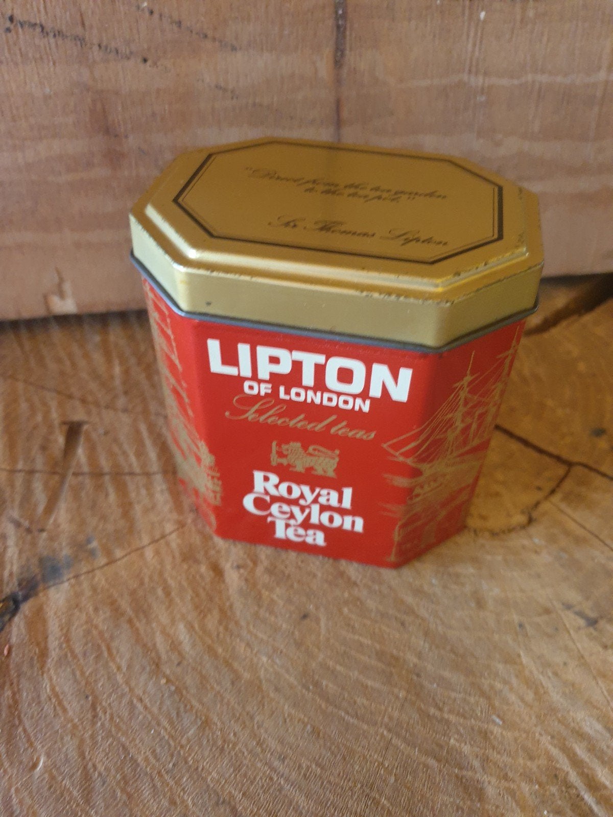 Vintage Lipton Royal Ceylon Thee Blik - Rood/Goud, Ophalen of Verzenden, Gebruikt, Thee, Overige merken