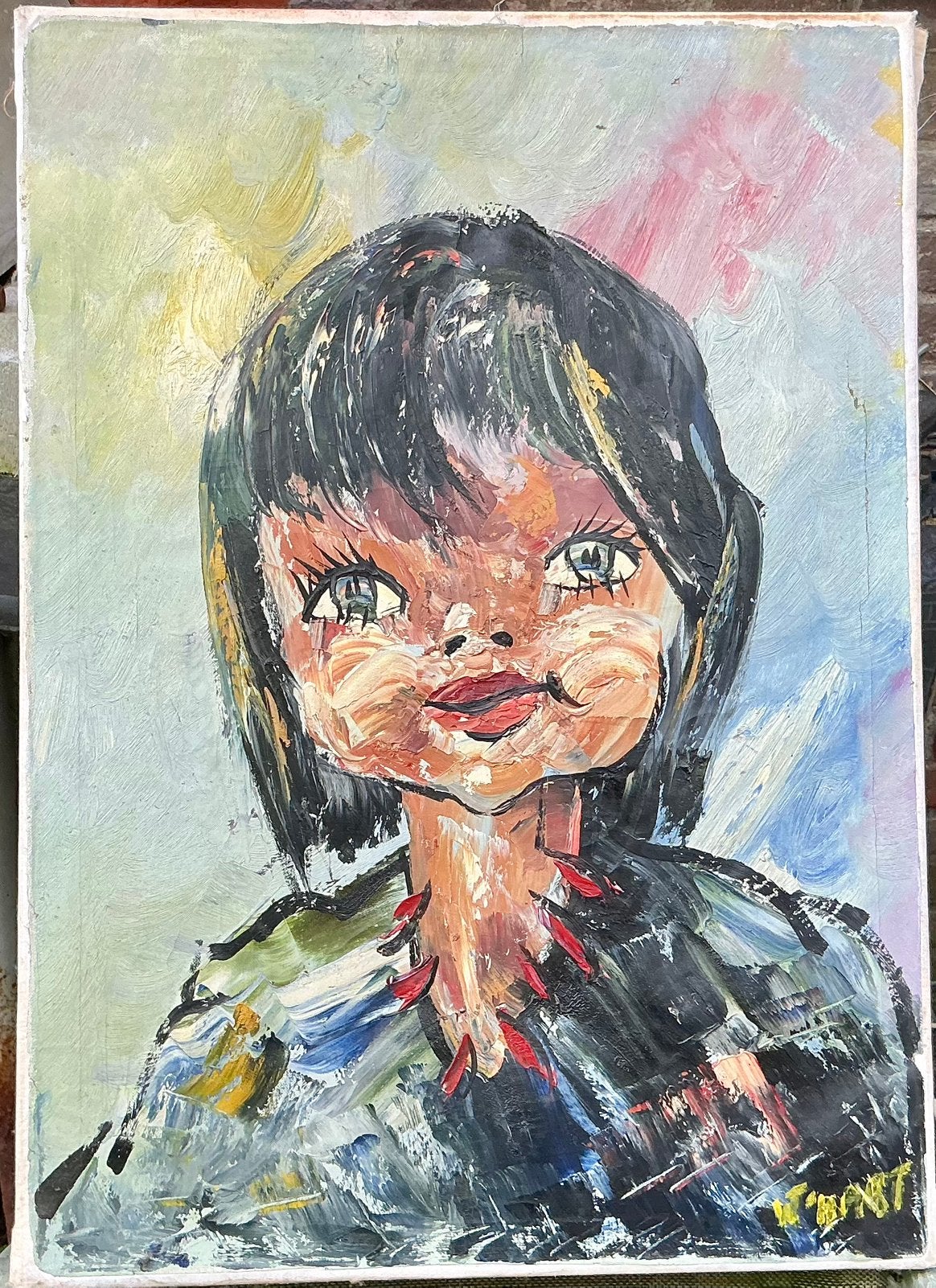 W. Hart. Grote ogen portret 60er jaren., Acrylverf, Ophalen of Verzenden, Op houten frame, Portret