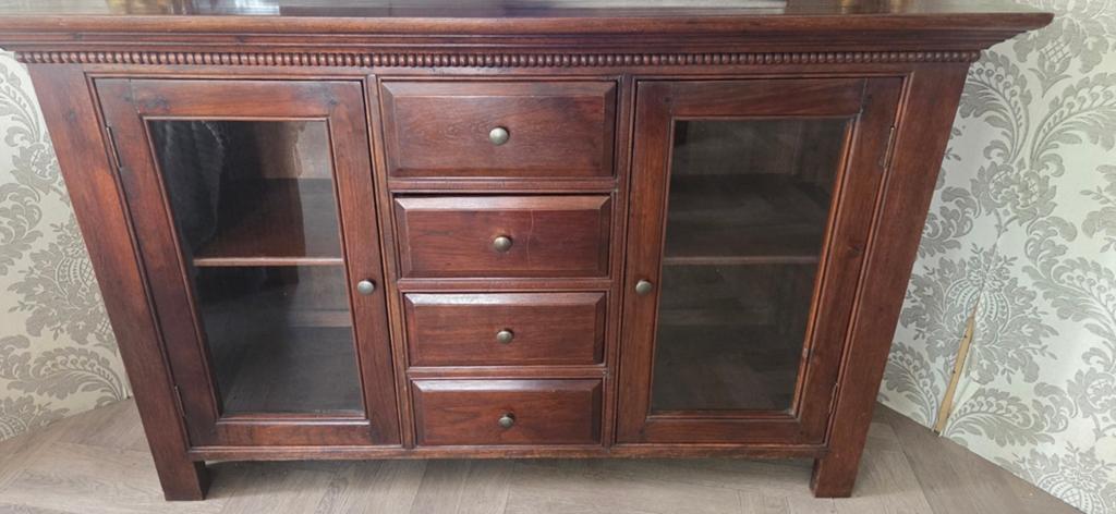 Massief houten dressoir met glazen deuren en lades, Ophalen, Gebruikt, Met deur(en), Glas