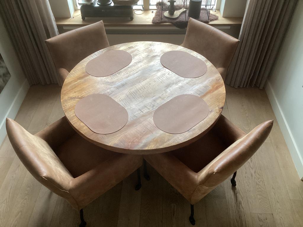 Ronde mango houten eettafel industriële metalen kruis poten, Ophalen, Zo goed als nieuw, Rond, 100 tot 150 cm