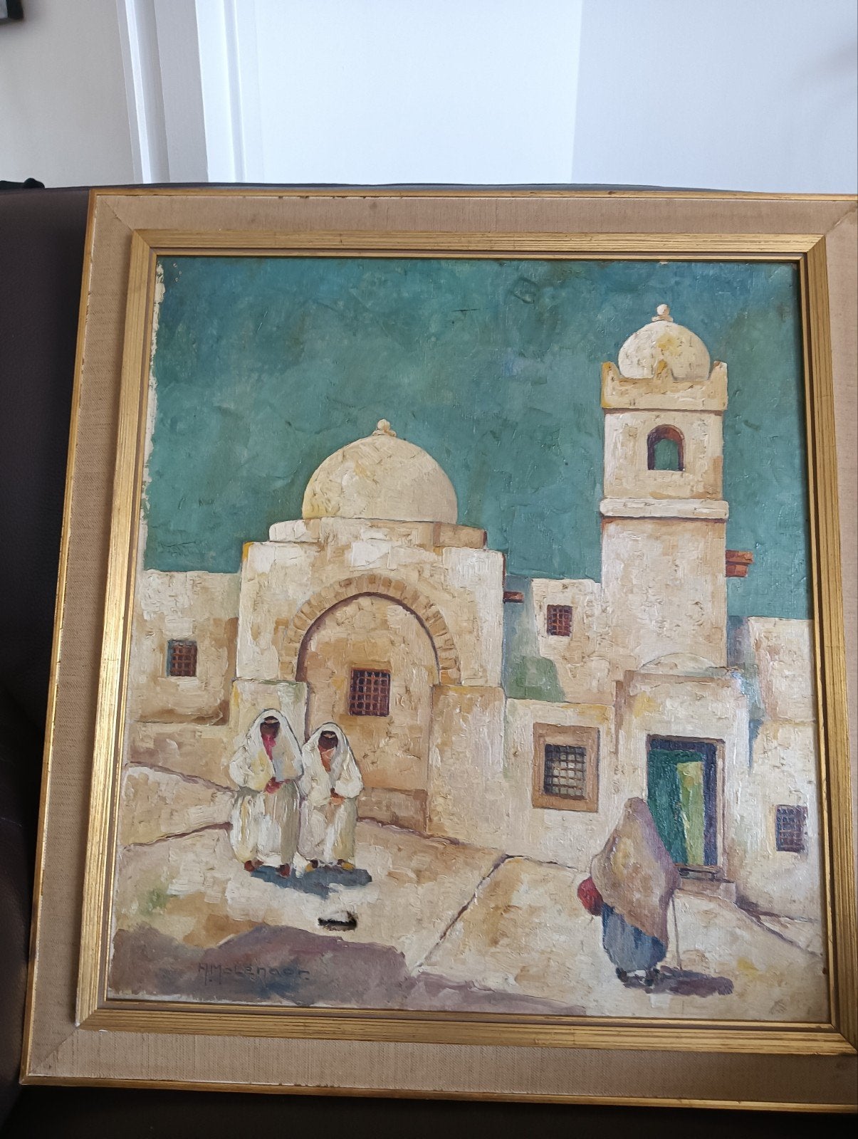 Olieverfschilderij Oosterse Scène met Architectuur en Figure, Ophalen of Verzenden