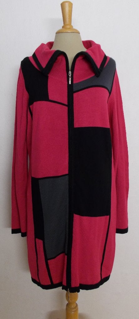 Mooi zwart/fuchsia roze/grijs lang vest! 42, Kleding | Dames, Verzenden, Zo goed als nieuw, Maat 42/44 (L), Roze