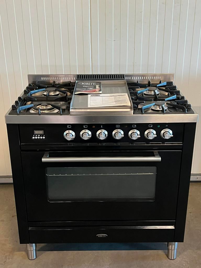 Luxe Boretti hoogglans fornuis met frytop 90 cm, 60 cm of meer, Ophalen of Verzenden, Gas, Vrijstaand