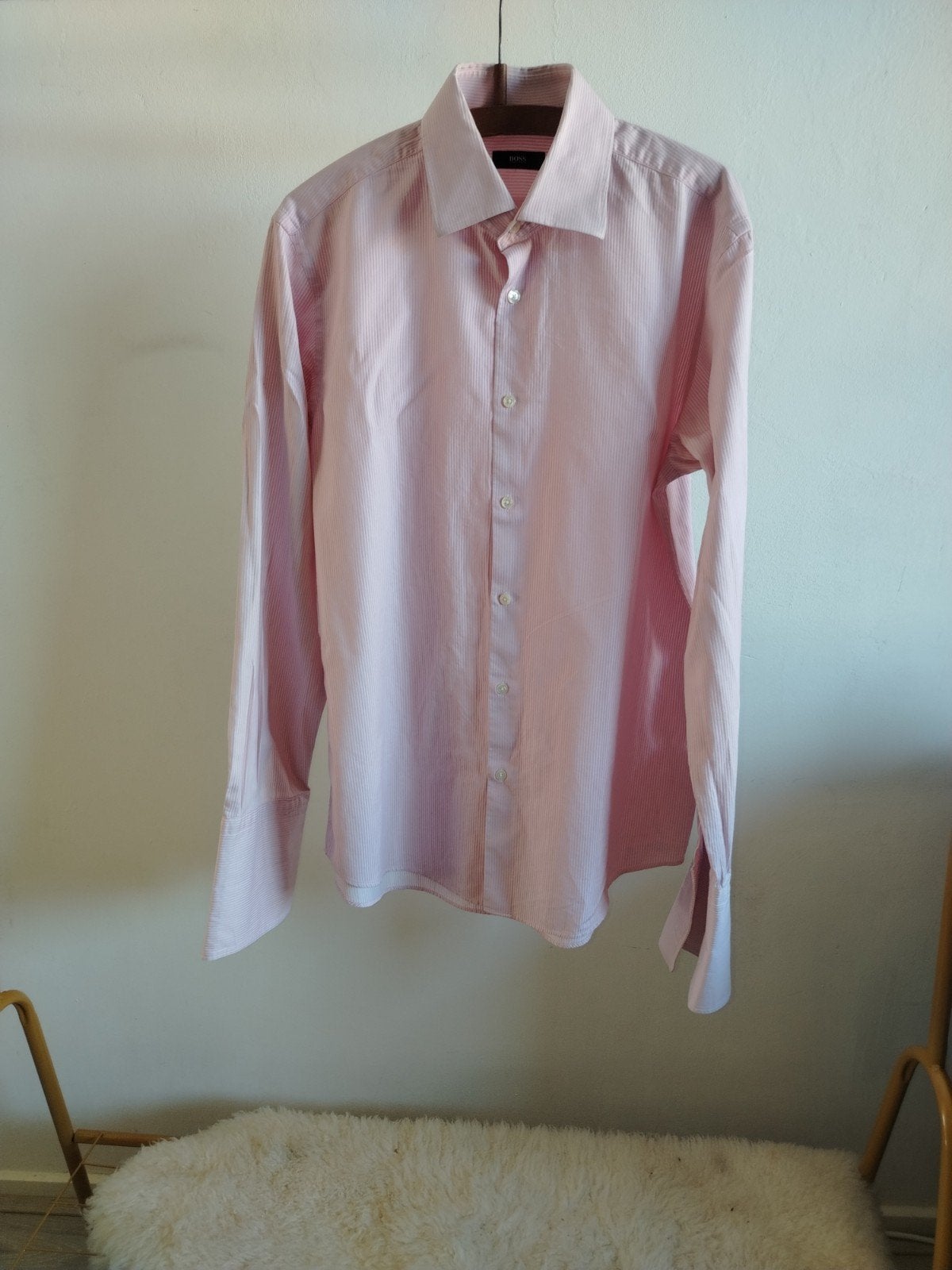 Designer Hugo BOSS heren overhemd roze gestreept, maat 39/40, Ophalen of Verzenden, Zo goed als nieuw, Roze, Halswijdte 39/40 (M)