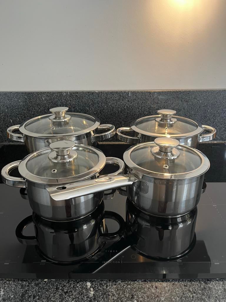 Sola pannenset: 1 steelpan, 3 kookpannen, Gebruikt, Inductieplaat, Pannenset, Ophalen of Verzenden