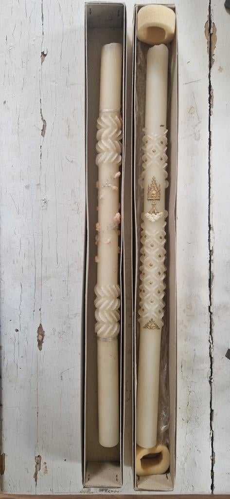 2 prachtige oud kerkkaarsen~brocante~shabby~sleets, Antiek en Kunst, Ophalen of Verzenden